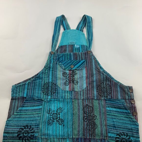 Vintage Wevez Turquoise Striped Cotton Stamp Print Relaxed Overalls One Size - Picture 1 of 9